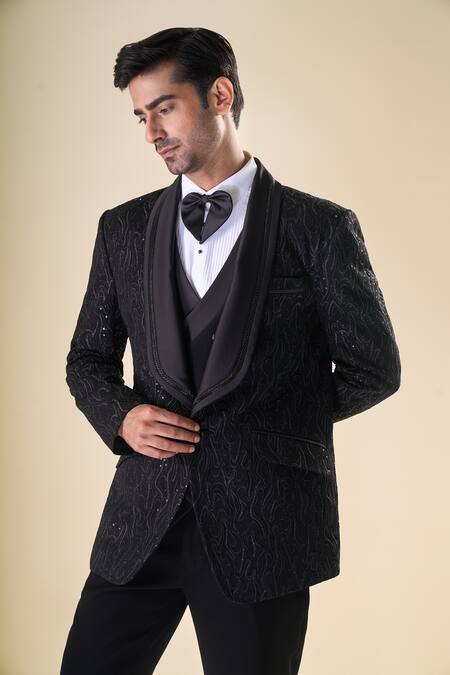 Arihant Rai Sinha_Black Polyester, Silk, Cotton Sequins, Embroidery Thread Hand Tuxedo Set _at_Aza_Fashions
