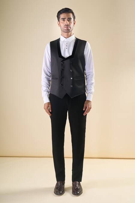 Shop_Arihant Rai Sinha_Black Polyester, Silk, Cotton Sequins, Embroidery Tuxedo Set With Bow _Online_at_Aza_Fashions