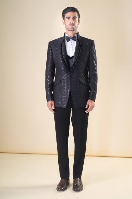 Arihant Rai Sinha_Black Polyester, Silk, Cotton Sequins, Embroidery Tuxedo Set With Bow _at_Aza_Fashions
