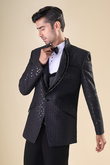Buy_Arihant Rai Sinha_Black Polyester, Silk, Cotton Sequins, Embroidery Tuxedo Set With Bow 