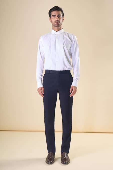 Buy_Arihant Rai Sinha_Navy Polyester, Cotton, Silk Cut Work Cutdana Hand Embroidered Tuxedo Set _Online_at_Aza_Fashions