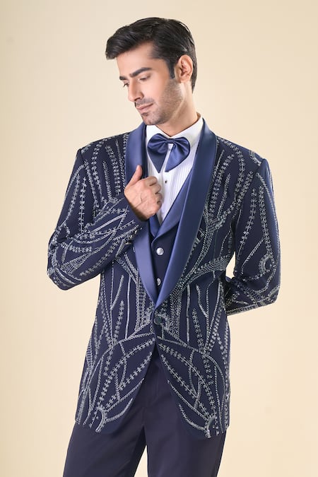 Buy_Arihant Rai Sinha_Navy Polyester, Cotton, Silk Cut Work Cutdana Hand Embroidered Tuxedo Set 