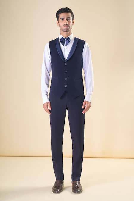 Shop_Arihant Rai Sinha_Navy Polyester, Cotton, Silk Cut Work Cutdana Hand Embroidered Tuxedo Set 