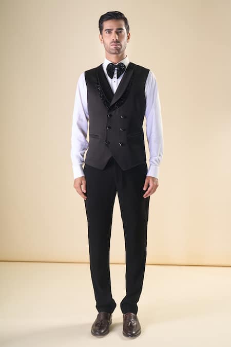 Arihant Rai Sinha_Black Satin, Polyester, Cotton, Silk Sequins, Embroidery Tuxedo Set _at_Aza_Fashions