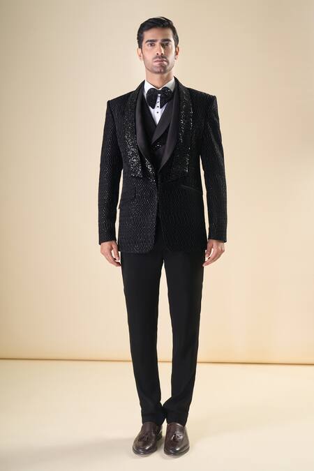 Buy_Arihant Rai Sinha_Black Satin, Polyester, Cotton, Silk Sequins, Embroidery Tuxedo Set 