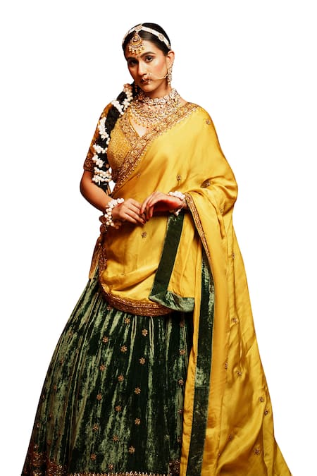 Shop House Of Anmol Jain Green Velvet, Satin, Silk Organza Beads, Embroidery Hand Lehenga Set Online at Aza Fashions Shop_House Of Anmol Jain_Green Velvet, Satin, Silk Organza Beads, Embroidery Hand Lehenga Set _Online_at_Aza_Fashions