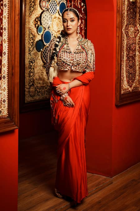 House of Anmol Jain Red Pre-draped Saree Satin Hand Embroidered Stone With Blouse 