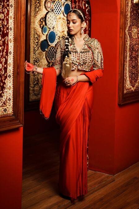 House Of Anmol Jain_Red Net, Satin Pearls, Stones Pre-draped Saree With Hand Embroidered Blouse_Online_at_Aza_Fashions