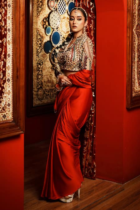 Buy_House Of Anmol Jain_Red Net, Satin Pearls, Stones Pre-draped Saree With Hand Embroidered Blouse_Online_at_Aza_Fashions