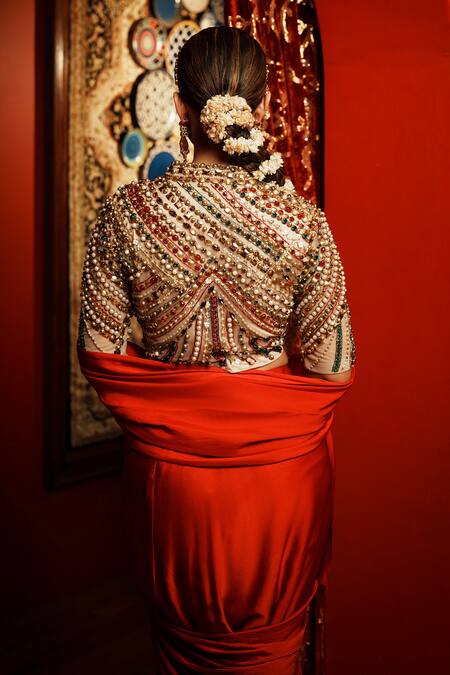 Shop_House Of Anmol Jain_Red Net, Satin Pearls, Stones Pre-draped Saree With Hand Embroidered Blouse_Online_at_Aza_Fashions