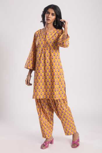 Tuli_Yellow Cotton Embroidery Floral Print Kurta Set_Online_at_Aza_Fashions