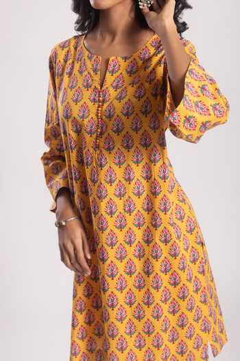 Buy_Tuli_Yellow Cotton Embroidery Floral Print Kurta Set_Online_at_Aza_Fashions