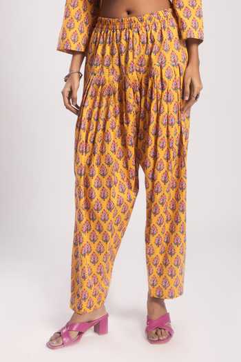 Shop_Tuli_Yellow Cotton Embroidery Floral Print Kurta Set_Online_at_Aza_Fashions
