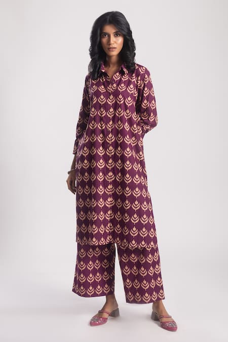 Avaha Purple Cotton Print Tribal Butti Collared Neck Ramhi Jacket Kurta With Pant 