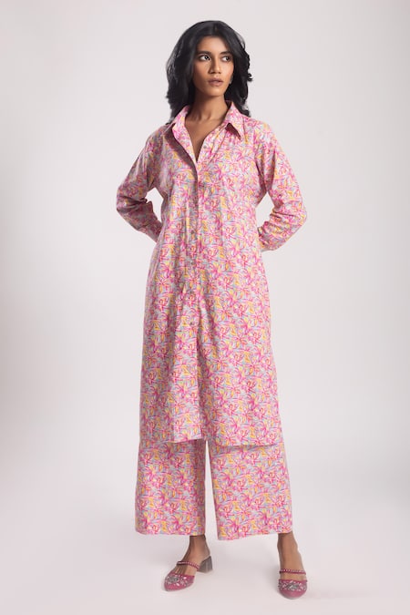 Avaha Pink Cotton Print Floral Collared Neck Saha Jacket Kurta With Pant 