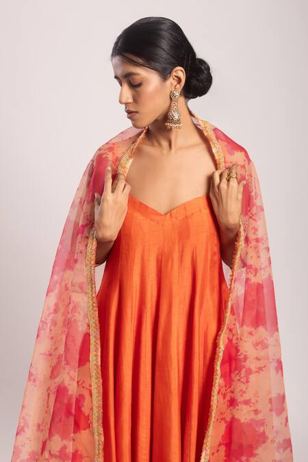 Tuli_Peach Organza Embroidery Gramika Printed Dupatta _Online_at_Aza_Fashions