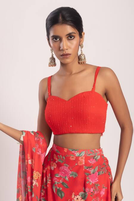 Tuli_Red Georgette Sequins Sweetheart Neck Asa Embroidered Blouse _Online_at_Aza_Fashions