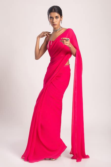 Tuli_Pink Georgette Patali Lace Embroidered Border Saree _Online_at_Aza_Fashions