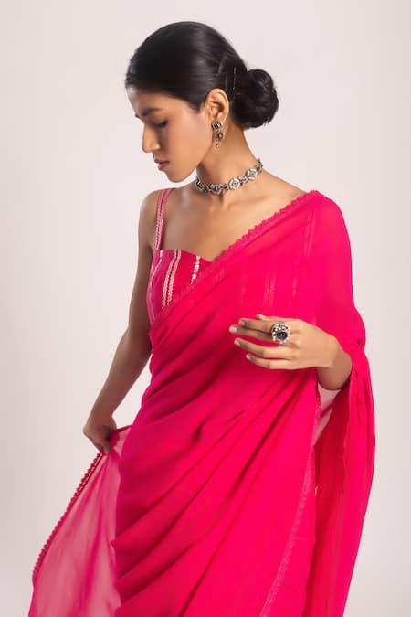 Buy_Tuli_Pink Georgette Patali Lace Embroidered Border Saree _Online_at_Aza_Fashions