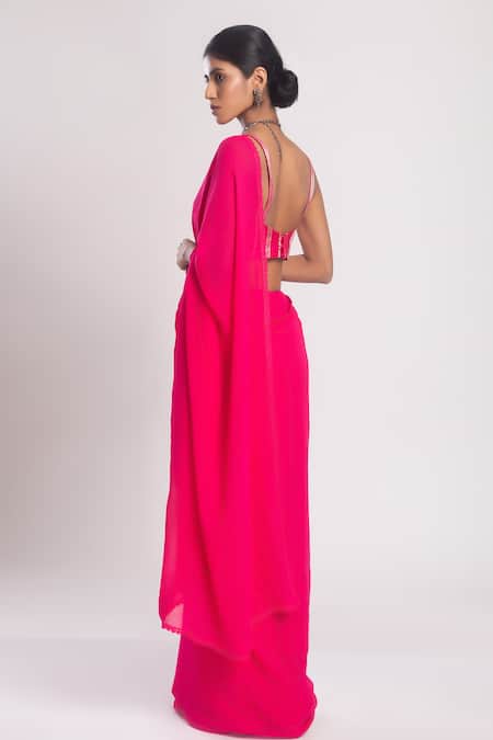 Tuli_Pink Georgette Patali Lace Embroidered Border Saree _at_Aza_Fashions