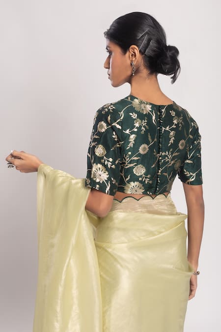 Shop_Tuli_Green Denim Round Neck Slisti Floral Jacquard Work Blouse _at_Aza_Fashions