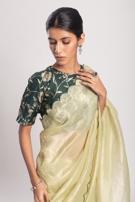 Tuli_Green Denim Round Neck Slisti Floral Jacquard Work Blouse _Online_at_Aza_Fashions