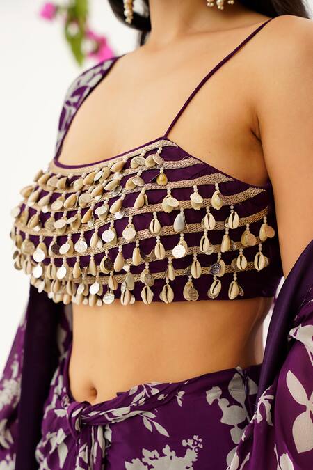 Tuli_Purple Denim Beads, Sequins Scoop Neck Raga Bela Kaudi And Coin Work Blouse _Online_at_Aza_Fashions