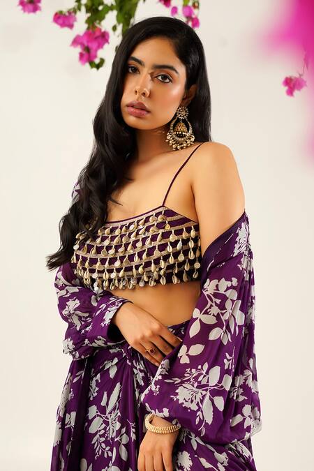 Shop_Tuli_Purple Denim Beads, Sequins Scoop Neck Raga Bela Kaudi And Coin Work Blouse _Online_at_Aza_Fashions