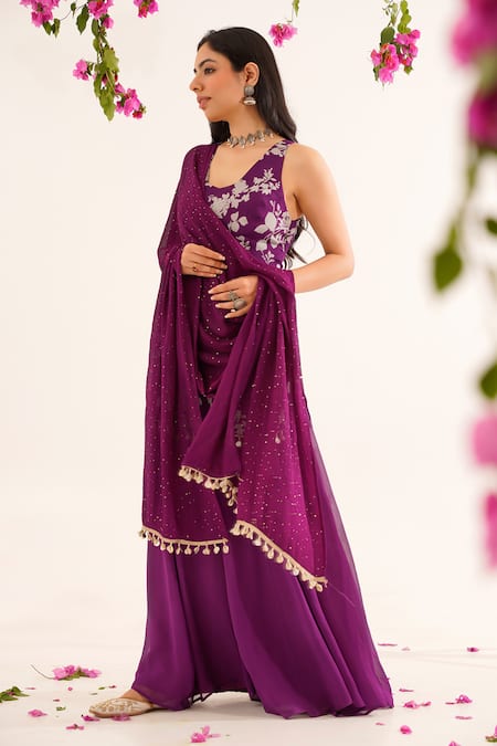 Shop_Tuli_Purple Georgette Sequins, Embroidery Raga And Thread Work Dupatta _at_Aza_Fashions