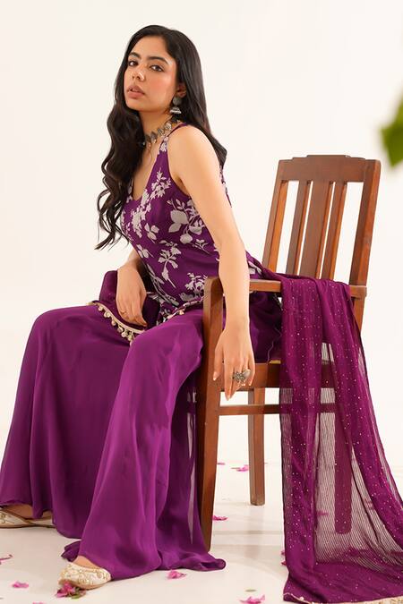 Shop_Tuli_Purple Georgette Sequins, Embroidery Raga And Thread Work Dupatta _Online_at_Aza_Fashions