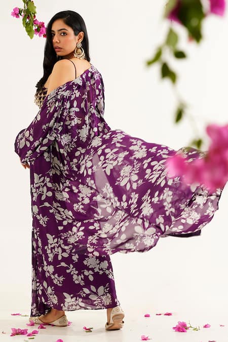 Shop_Tuli_Purple Chinon Chiffon Digital Print Floral Open Raga Kriti Jacket _at_Aza_Fashions