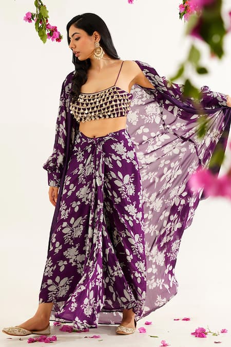Tuli_Purple Chinon Chiffon Digital Print Floral Open Raga Kriti Jacket _Online_at_Aza_Fashions