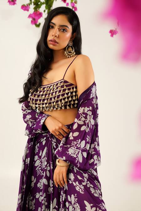 Tuli_Purple Chinon Chiffon Digital Print Floral Open Raga Kriti Jacket _at_Aza_Fashions