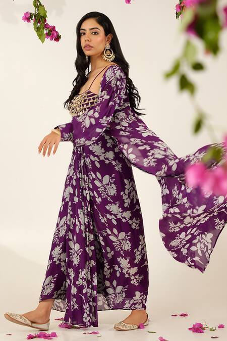 Buy_Tuli_Purple Chinon Chiffon Digital Print Floral Open Raga Kriti Jacket 