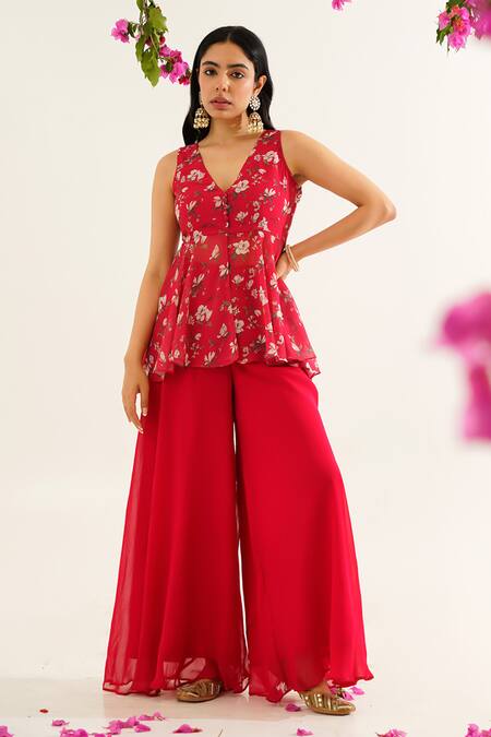 Shop_Tuli_Red Georgette, Linen Embroidery V-neck Raga Aaleahya Floral Print Peplum Kurta _Online_at_Aza_Fashions