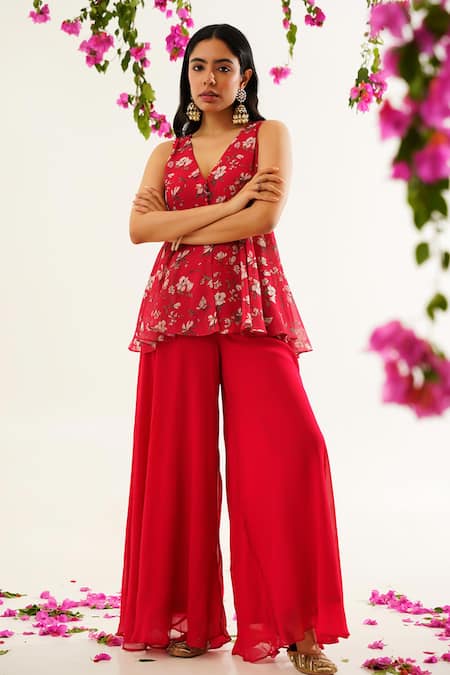 Tuli_Red Georgette, Linen Embroidery V-neck Raga Aaleahya Floral Print Peplum Kurta _at_Aza_Fashions