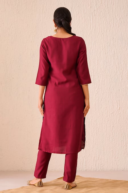 Shop_Tuli_Maroon Viscose, Silk Embroidery Split V-neck Gul Arezo Kurta Pant Set _at_Aza_Fashions