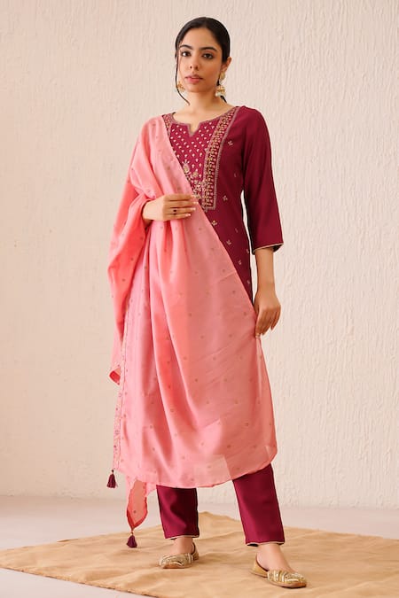 Tuli_Maroon Viscose, Silk Embroidery Split V-neck Gul Arezo Kurta Pant Set _at_Aza_Fashions
