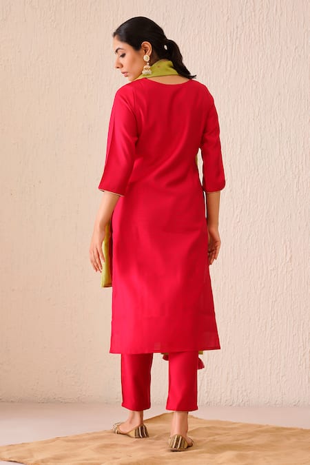 Shop_Tuli_Red Viscose, Silk Round Neck Gul Suri Embroidered Kurta Pant Set _at_Aza_Fashions