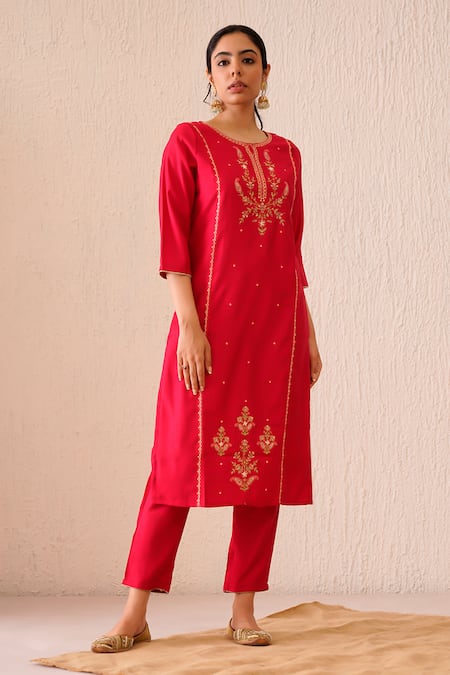 Buy_Tuli_Red Viscose, Silk Round Neck Gul Suri Embroidered Kurta Pant Set _Online_at_Aza_Fashions