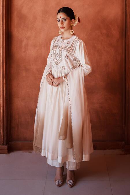 House Of Anmol Jain_Ivory Chanderi, Organza Sequins, Beads, Embroidery Round Raksha Anarkali Set _Online_at_Aza_Fashions