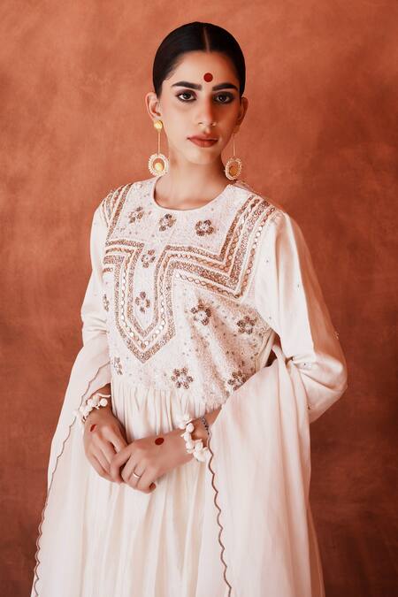 Buy_House Of Anmol Jain_Ivory Chanderi, Organza Sequins, Beads, Embroidery Round Raksha Anarkali Set _Online_at_Aza_Fashions