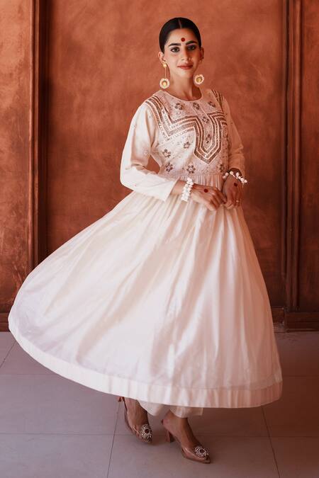 Shop_House Of Anmol Jain_Ivory Chanderi, Organza Sequins, Beads, Embroidery Round Raksha Anarkali Set _Online_at_Aza_Fashions