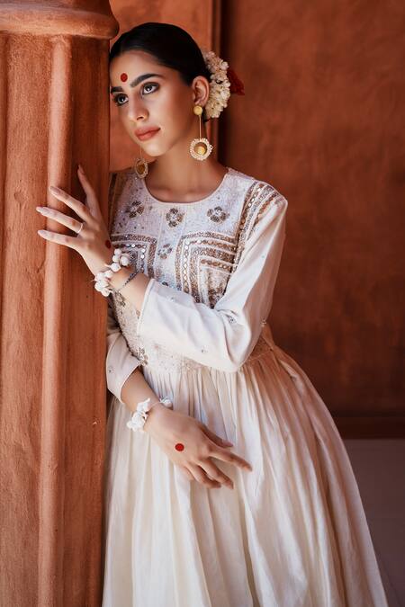 House Of Anmol Jain_Ivory Chanderi, Organza Sequins, Beads, Embroidery Round Raksha Anarkali Set _at_Aza_Fashions