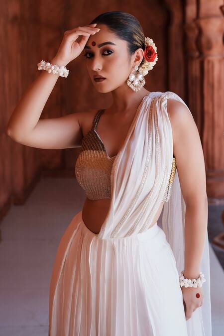 House Of Anmol Jain_Off White Net, Satin Sequins, Divya Cutdana Embroidered Pre-draped Saree Set _Online_at_Aza_Fashions