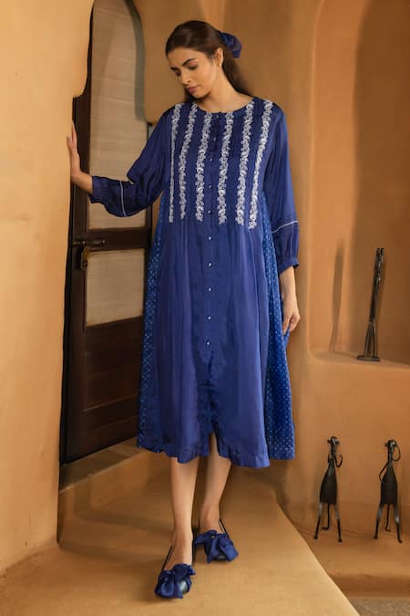 Shop_Ayaka_Blue Viscose Embroidery Round Neck Pintucked Hand Tunic 