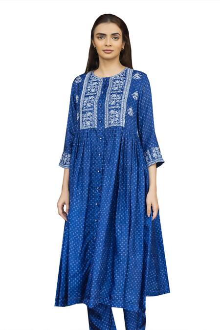 Shop_Ayaka_Blue Viscose Embroidery Round Neck Bandhani Print Kurta 