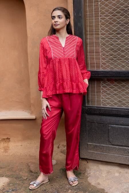 Buy Ayaka Red Viscose Sequins, Beads, Embroidery Cara Tiered Bandhani Print Peplum Top Buy_Ayaka_Red Viscose Sequins, Beads, Embroidery Cara Tiered Bandhani Print Peplum Top
