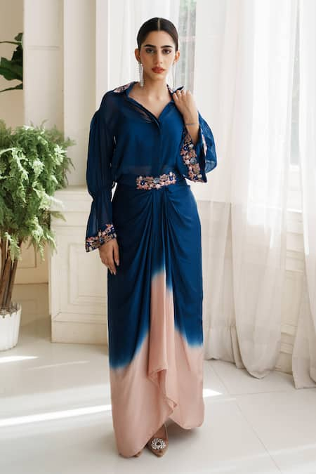 House of Anmol Jain Blue Shirt Organza Hand Embroidered Thread Collar Indrani With Draped Skirt 