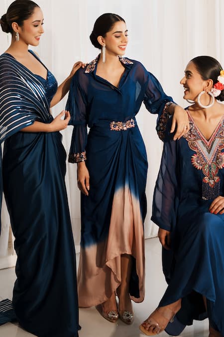 House Of Anmol Jain_Blue Organza, Satin Sequins, Embroidery Indrani Hand Shirt With Draped Skirt _Online_at_Aza_Fashions